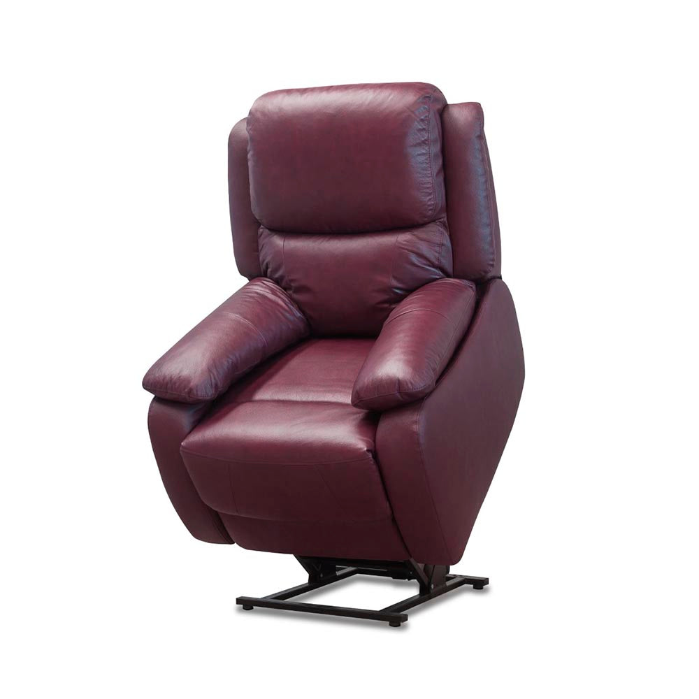 Wine leather lift and rise recliner chair on a white background