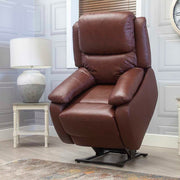 Brown leather lift and rise recliner chair in a room with a lamp and decorative elements.