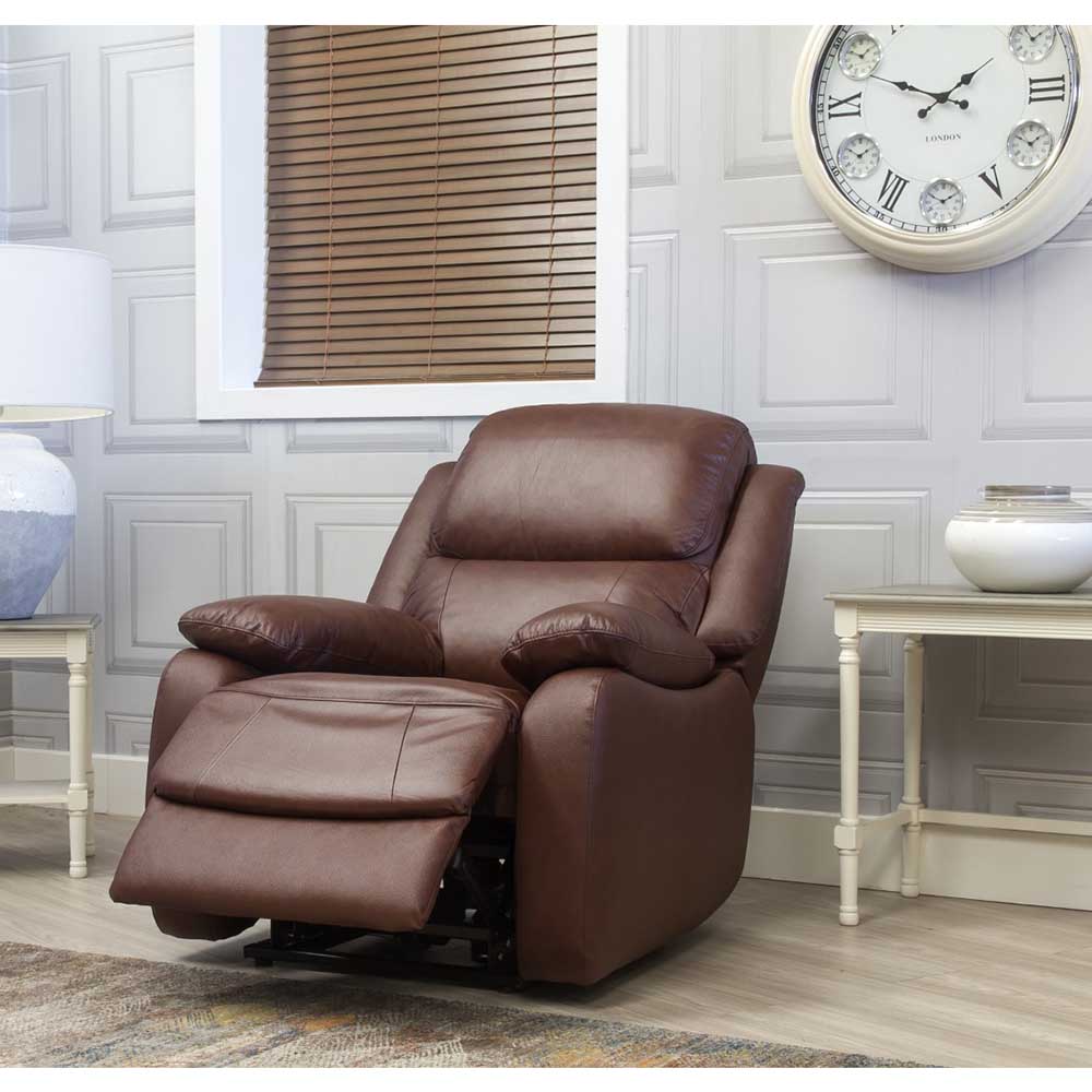 Brown leather lift and rise recliner chair in a living room setting with a clock on the wall.