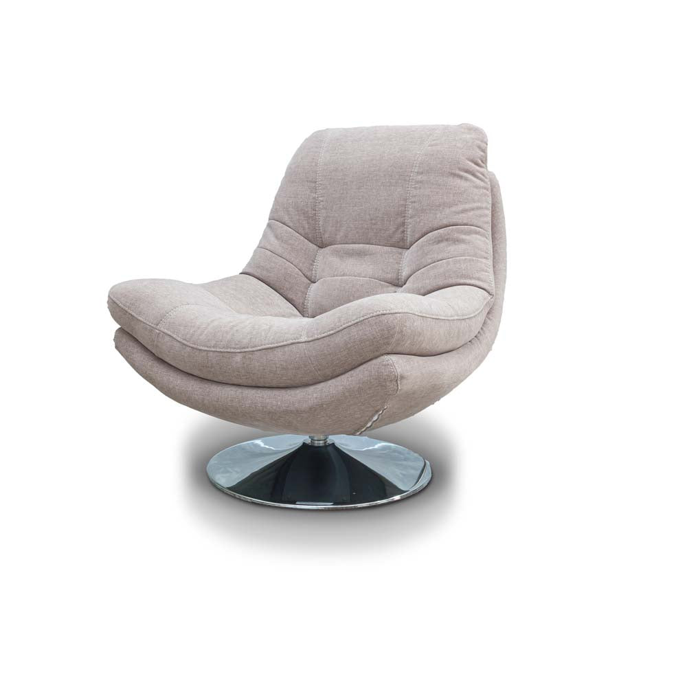 Beige swivel chair with a silver metallic base on a white background