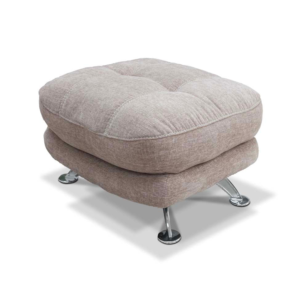 Gray upholstered footstool with chrome legs on a white background