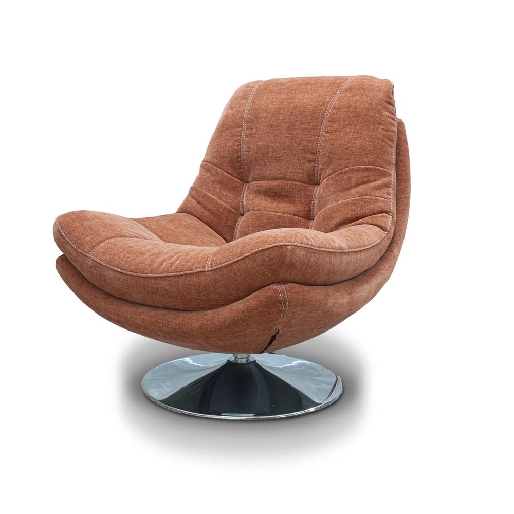 Copper orange cushioned chair with a metallic base on a white background
