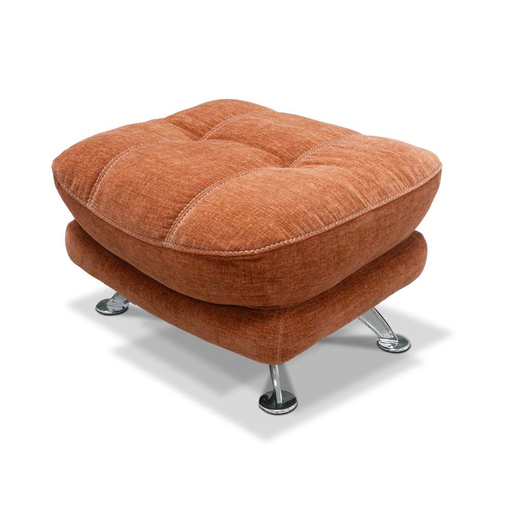 Orange footstool with tufted design on a white background