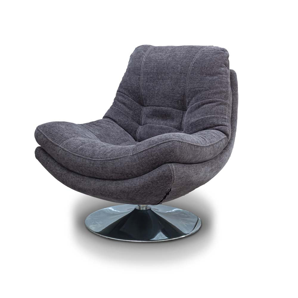 Gray swivel chair with a metallic base on a white background