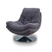 Gray swivel chair with a metallic base on a white background