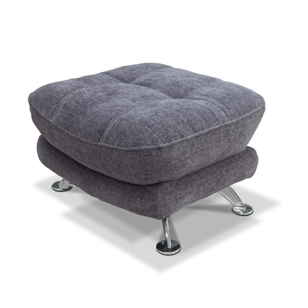 Gray upholstered footstool with chrome legs on a white background