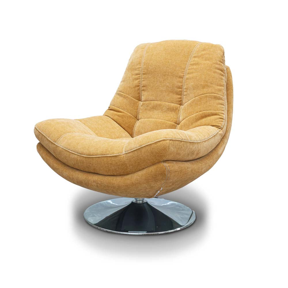 Mustard yellow cushioned occasional chair with a metallic base on a white background