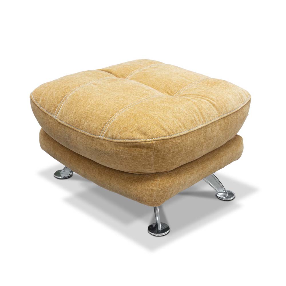 Yellow footstool with tufted design on a white background
