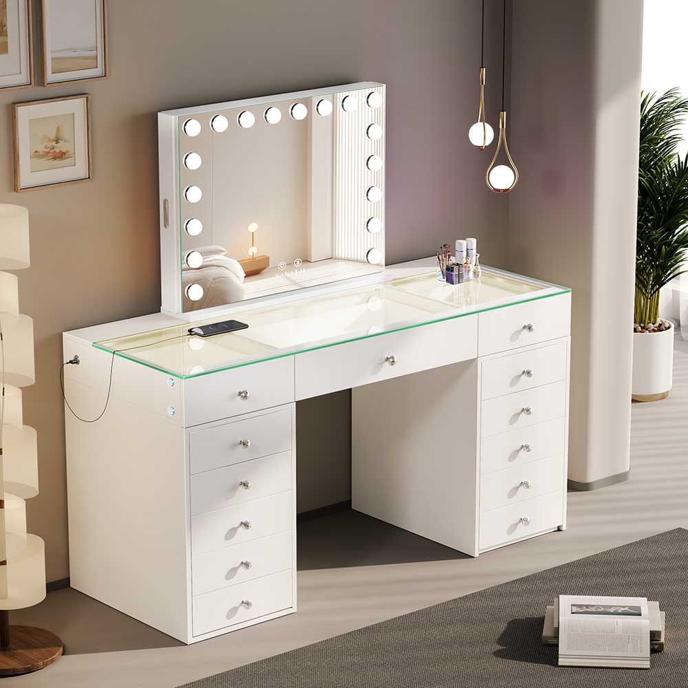 White vanity desk with illuminated mirror in a room setting.