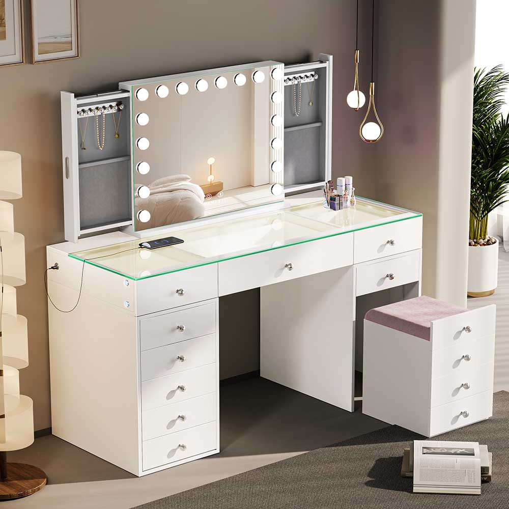 White vanity table with mirror and lights in a room setting