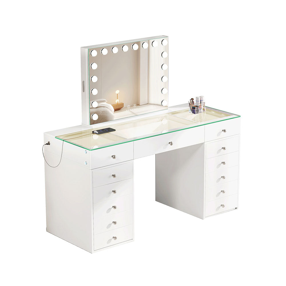 White vanity desk with mirror and lights on a white background