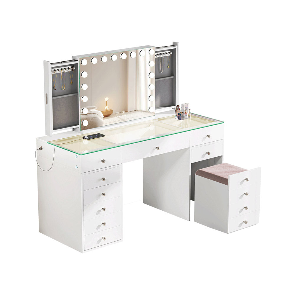 White vanity desk with mirror and lights on a white background