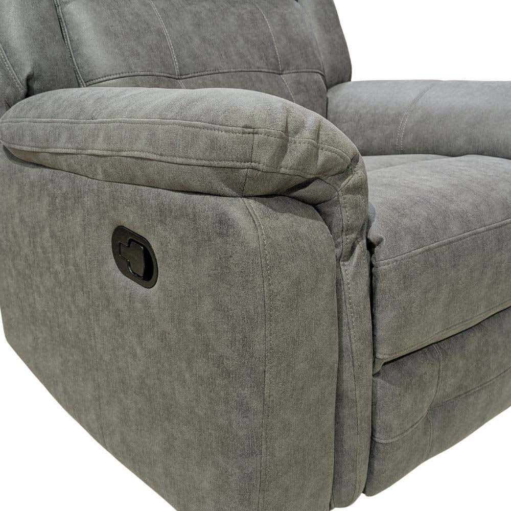 Gray recliner chair with a focus on the armrest and button mechanism.
