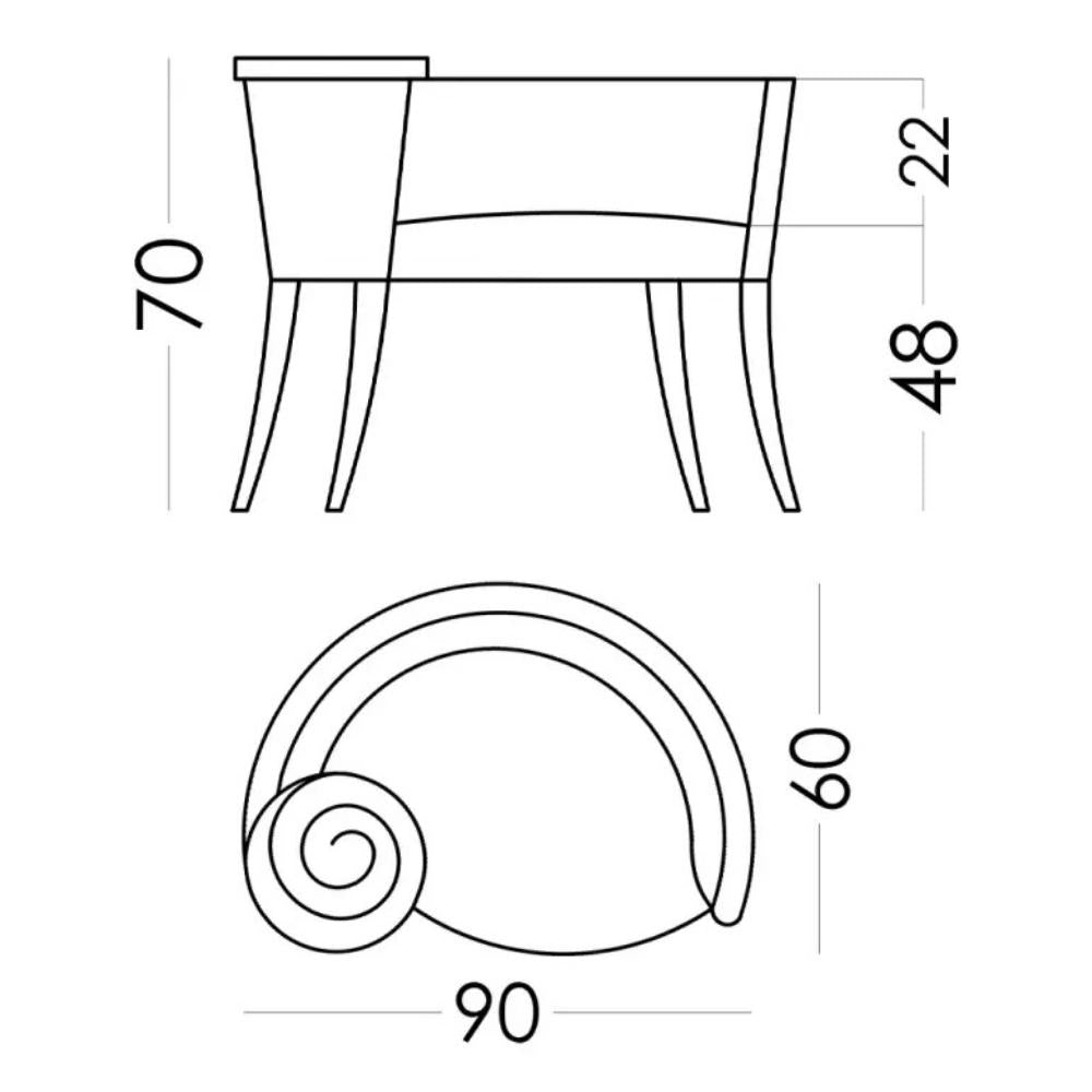 Black and white technical line drawing showing dimensions of a table, with a side profile labeled 70, 48, 22, and a top view labeled 90 and 60.
