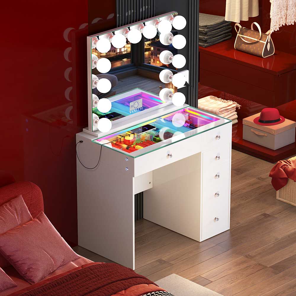 Vanitii 6-Drawer Vanity Unit Dressing Table with Glass Top and LED Lighting – Gloss White Finish