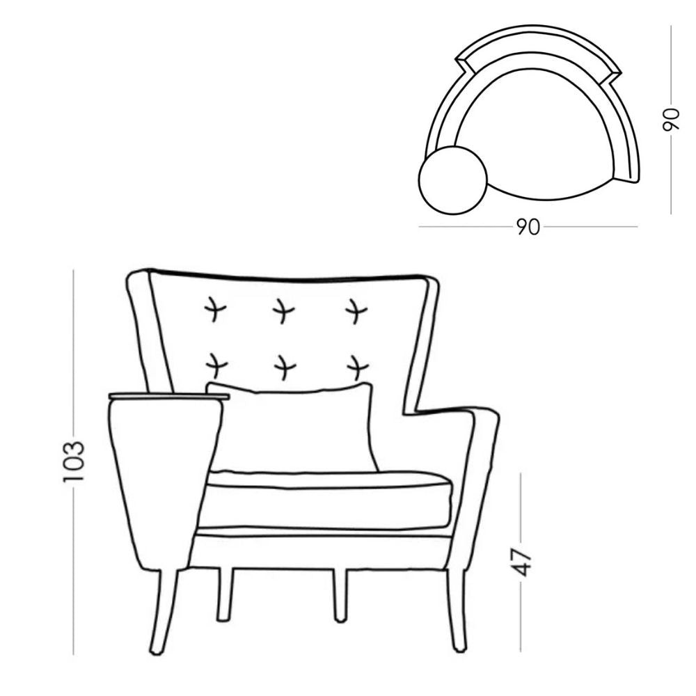 Black and white line drawing schematic of an armchair with dimension annotations showing height measurements of 103, 47, and 90.