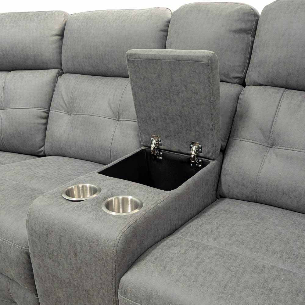 Gray sectional sofa with cup holders and storage compartment