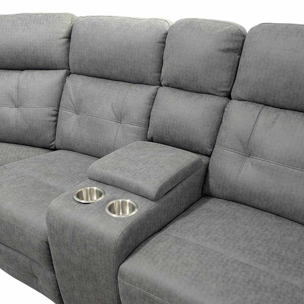 Gray sectional sofa with cup holders on a white background