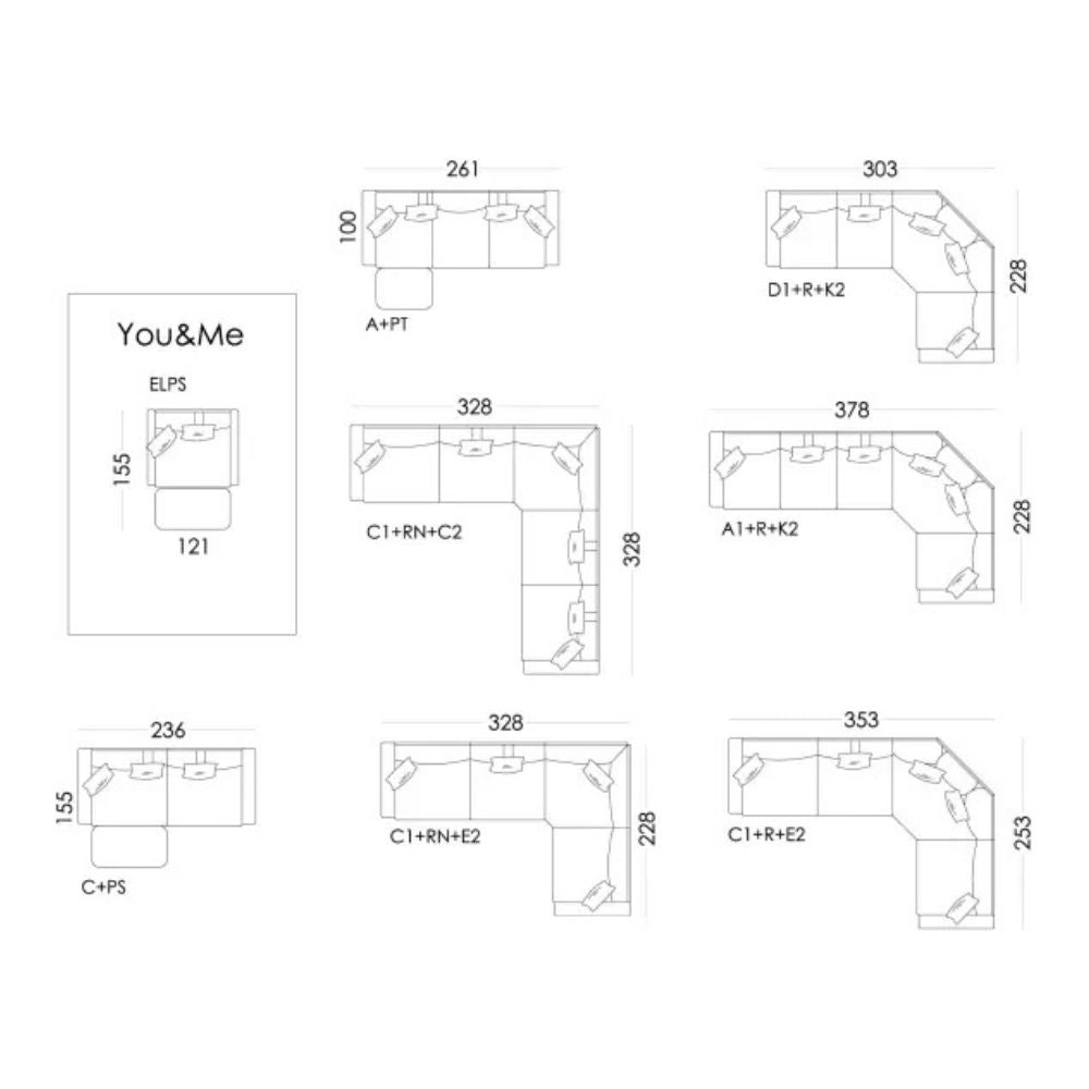 A black-and-white technical layout sheet showing multiple sofa dimension diagrams with measurements of various possible seating configurations.