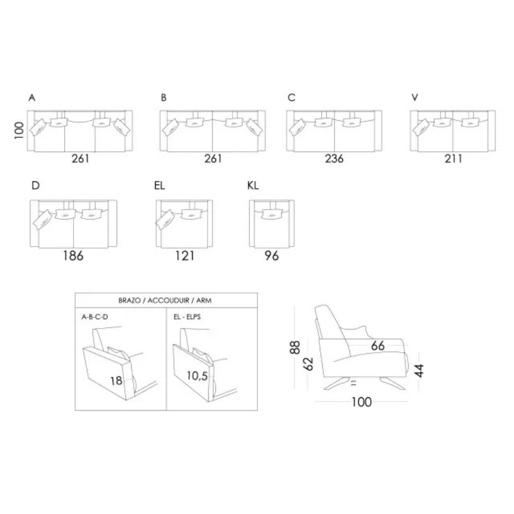 Black and white technical line drawing showing multiple armchair backrest and base configuration options labeled A through V, plus side and front dimension callouts.