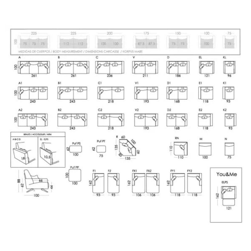 A black-and-white technical measurement chart showing multiple chair backrest and seat angle diagrams, labeled with measurements in inches and centimeters, plus a small You&Me brand inset.