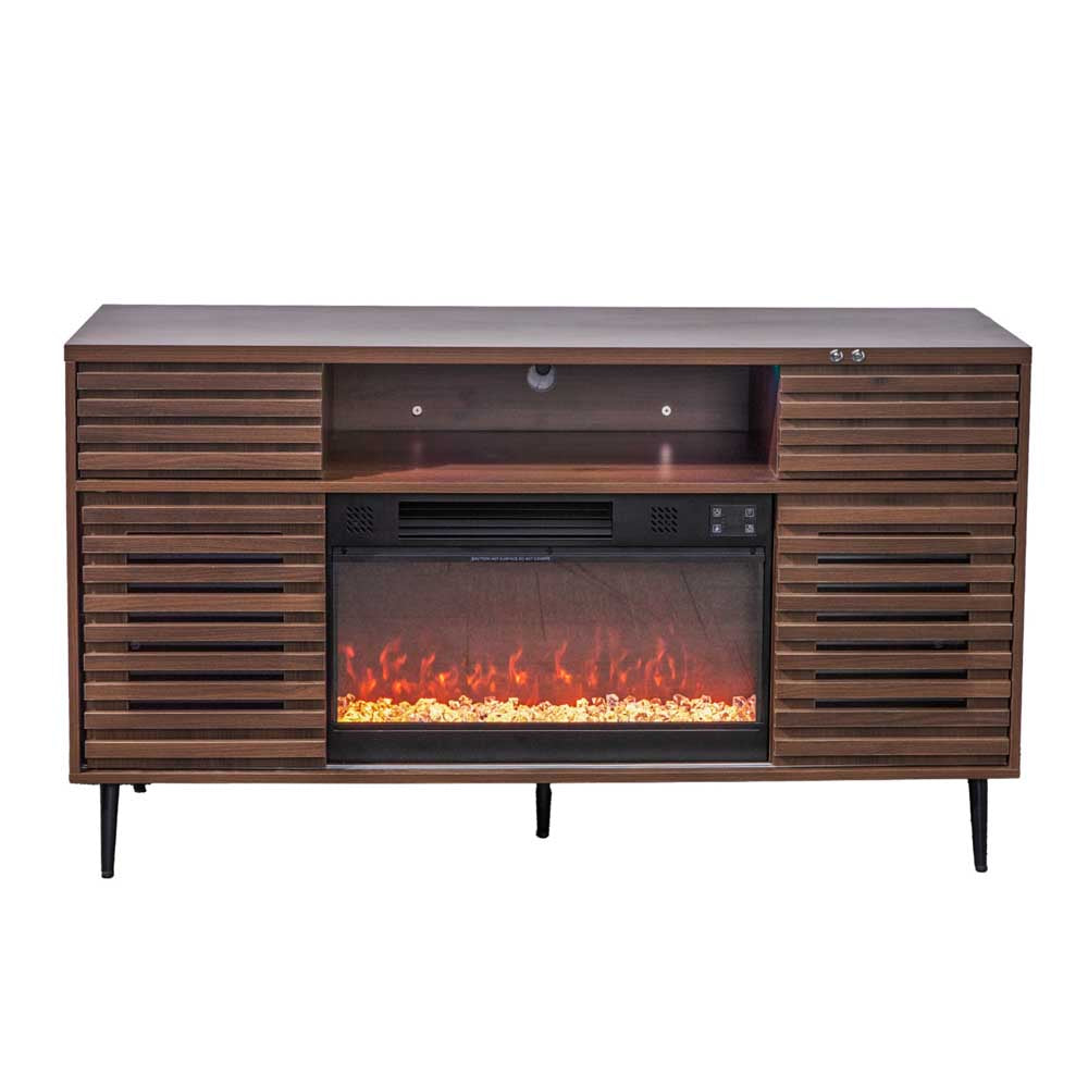 Wooden entertainment console with electric fireplace on a white background