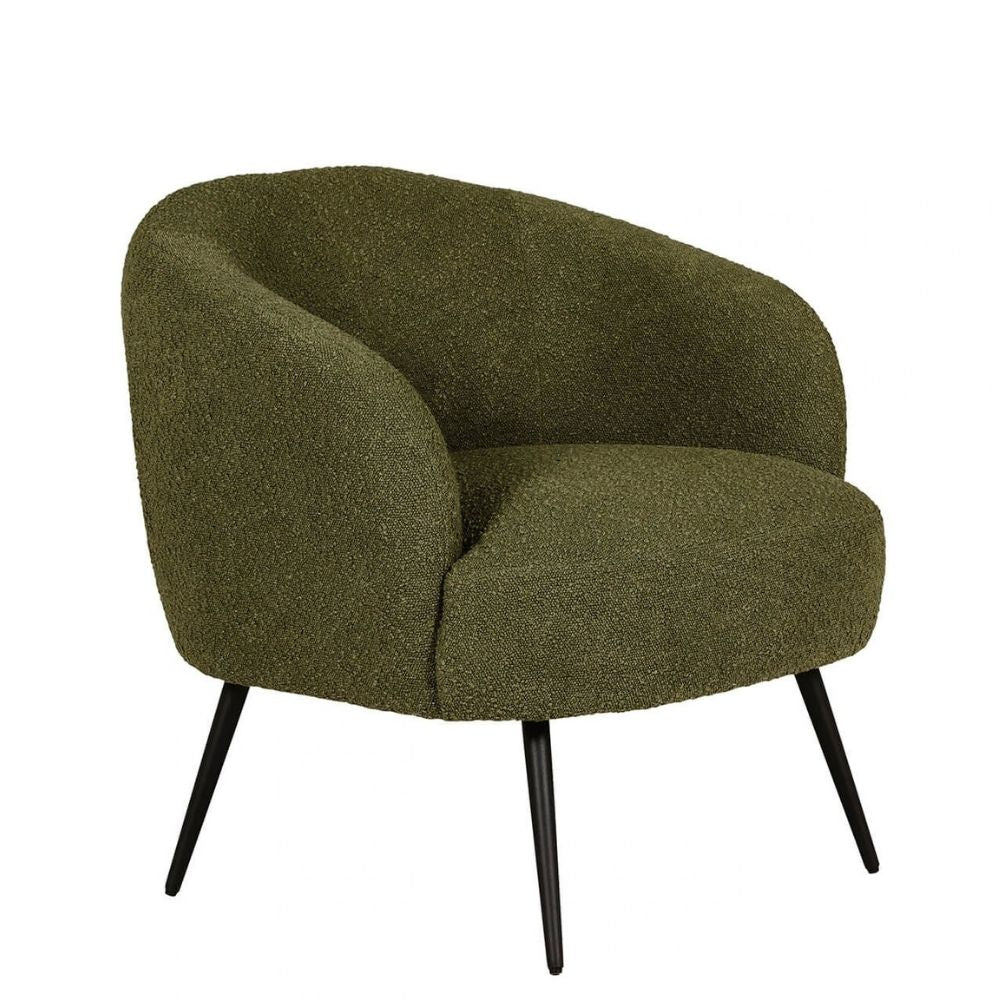 An olive green bouclé barrel chair with black tapered legs, shown against a plain white background.