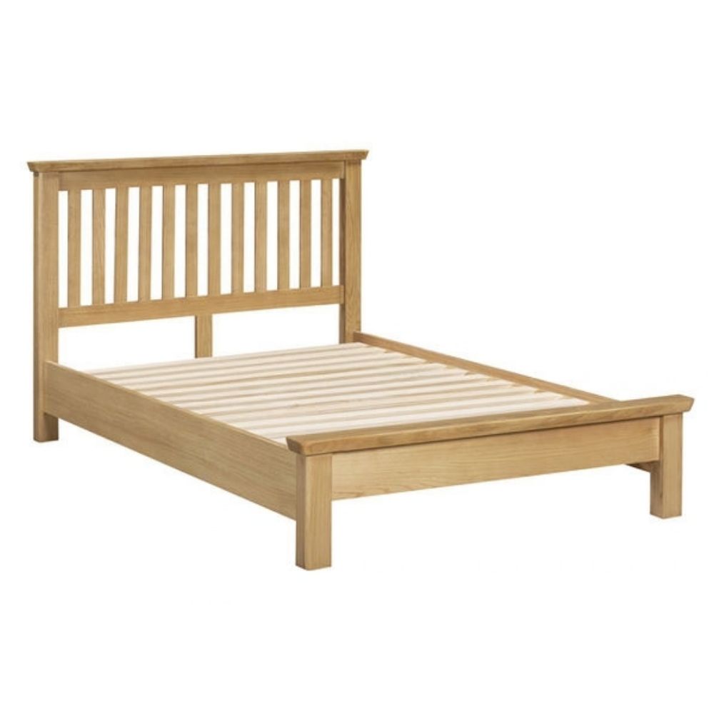 A light natural oak single bed frame with a slatted headboard and matching slatted base, shown on a plain white background.