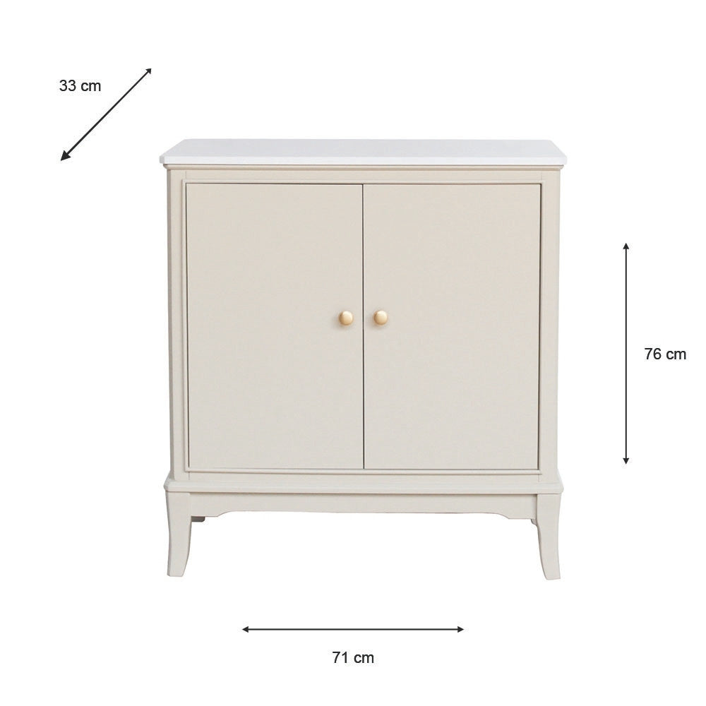 A small two-door cabinet shown on a white background with dimension arrows and labels indicating 76 cm height, 71 cm width, and 33 cm depth.