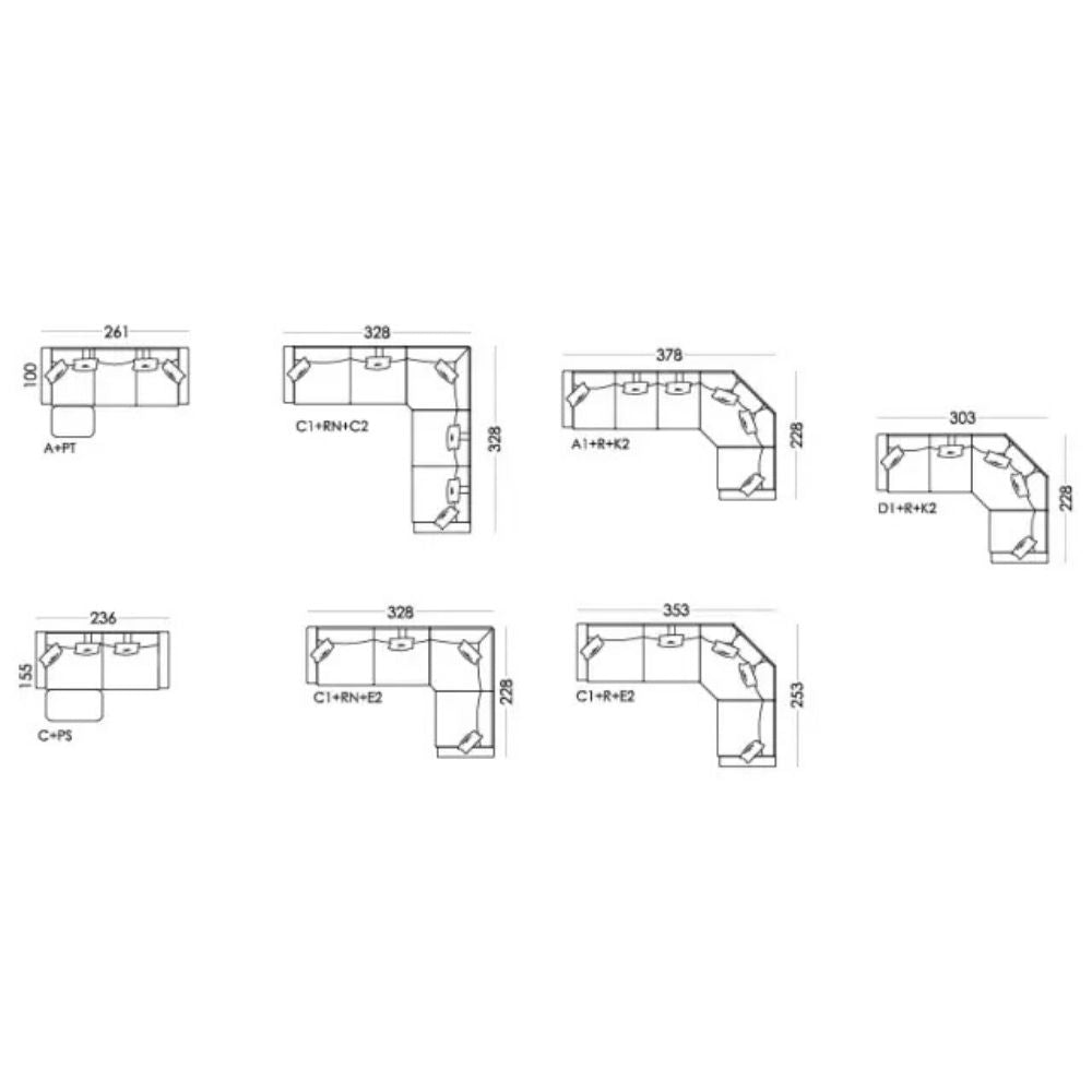 Black and white technical line drawing showing different boston sofa configuartions
