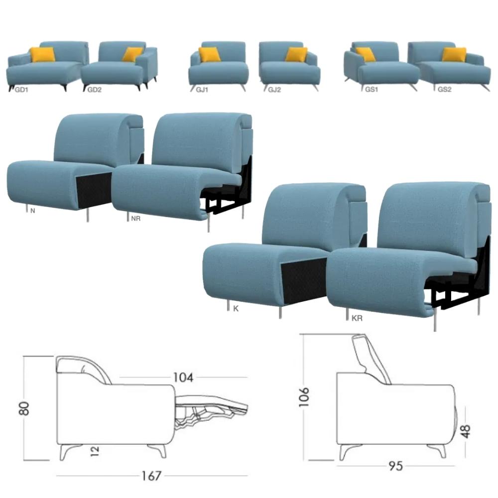 Sofa module choices shown with dimension callouts and line drawings of measurements on a white background.