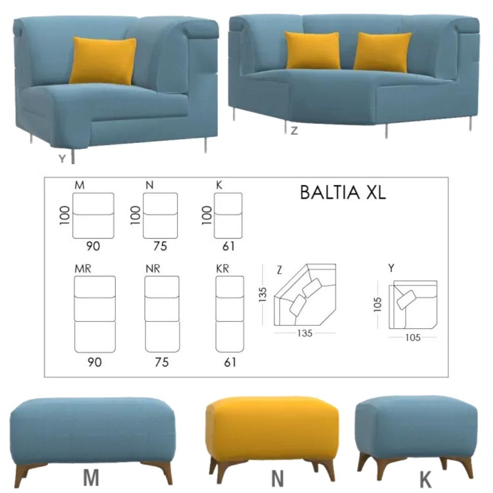 A product presentation for the BALTIA XL sofa, showing three views of the blue armchair with yellow pillows, a detailed technical dimension diagram in the center, and three views of the matching blue footstool with wooden legs at the bottom.