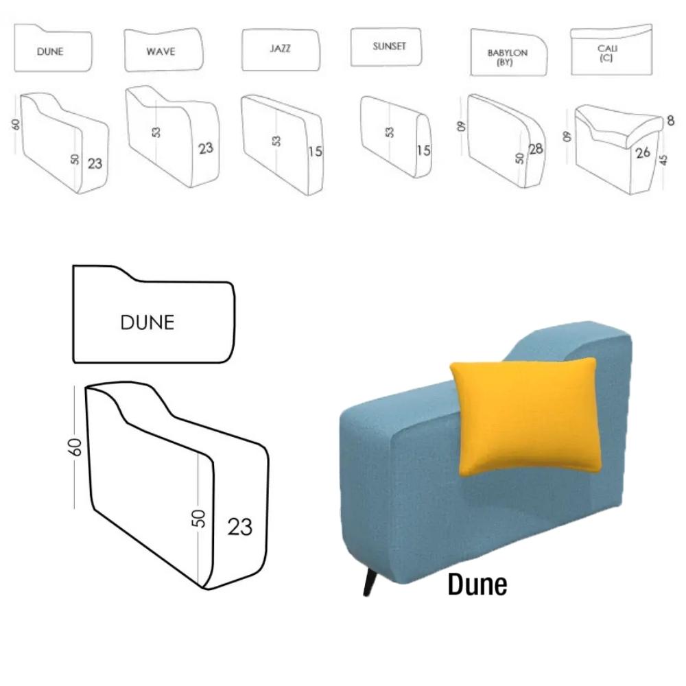 A product presentation of a 'Dune' arm module in light blue fabric with a yellow throw pillow, accompanied by black-and-white technical line drawings showing dimensions and profile views labeled 'DUNE'.