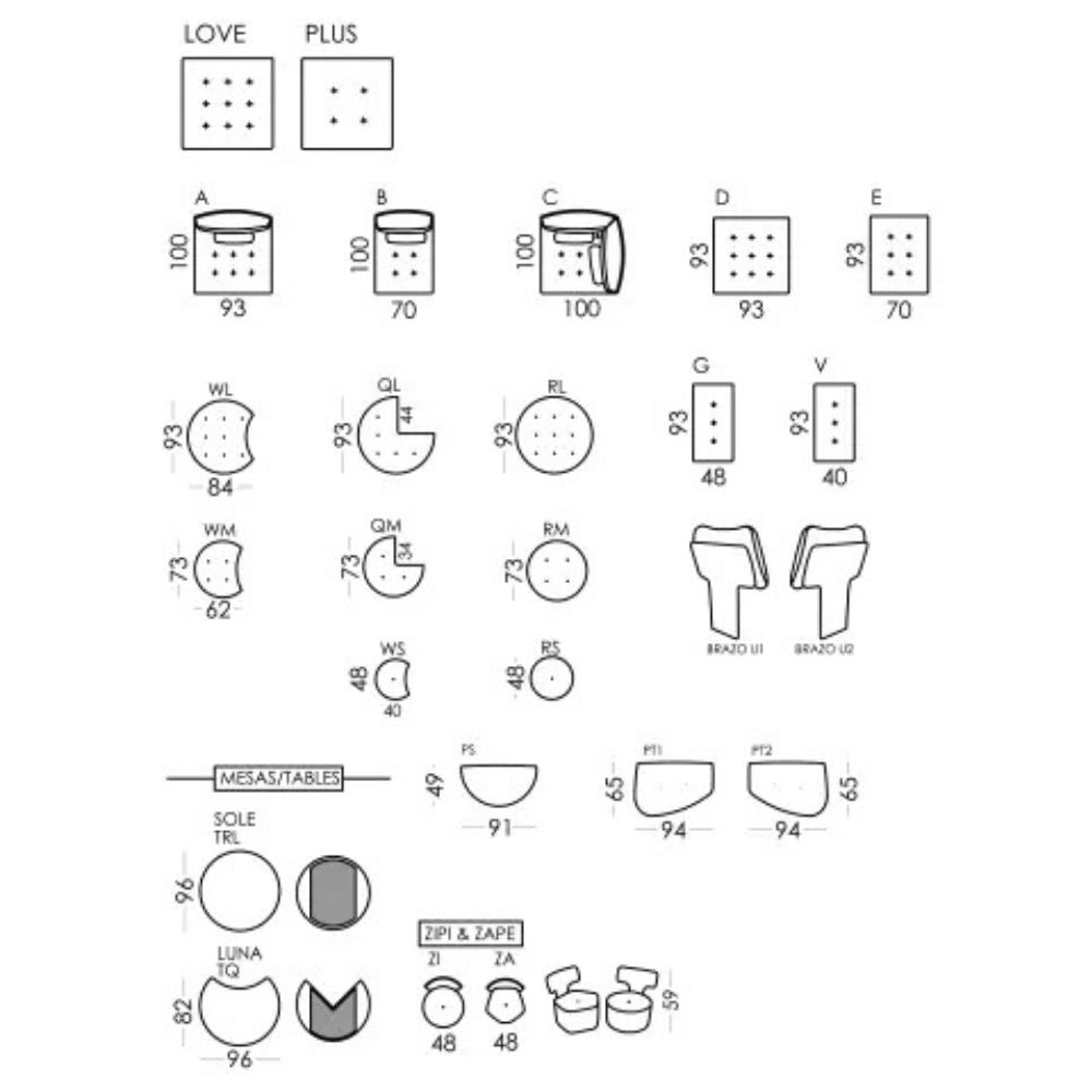 A black-and-white technical line drawing sheet showing multiple labeled product components and dimensions, including LOVE and PLUS square forms,  This is an explanatory schematic rather than a standard product photo.