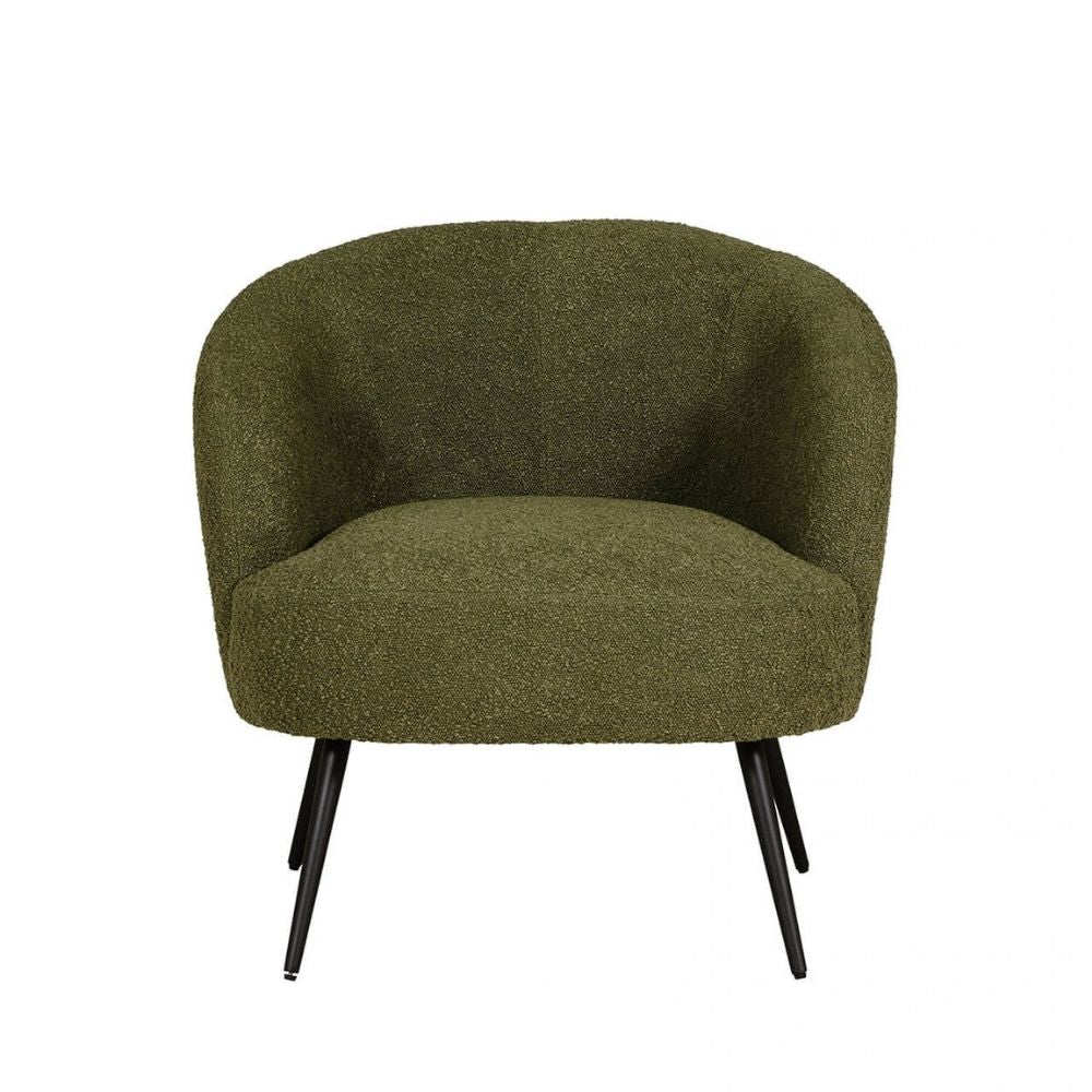 An upholstered barrel-style accent chair in textured olive green bouclé fabric with tapered black metal legs, shown against a plain white background.