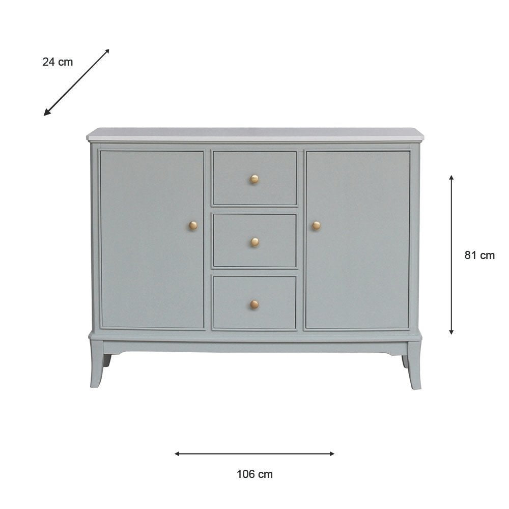 A sage green sideboar three-drawer sideboard with gold round knobs, shown with dimension lines indicating 106 cm width, 81 cm height, and 24 cm depth on a white background. 