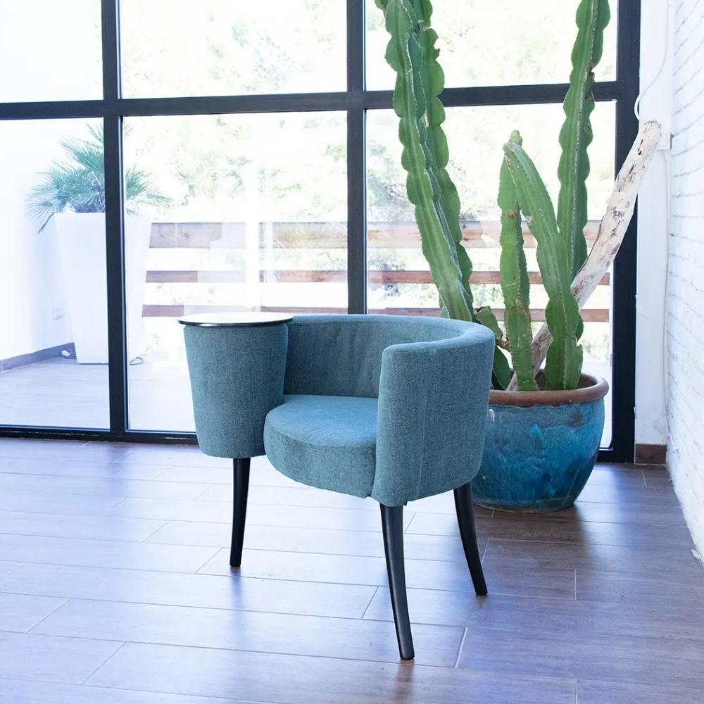 A modern upholstered accent chair in a muted blue-green fabric with black legs, positioned in a bright room next to a large potted cactus.
