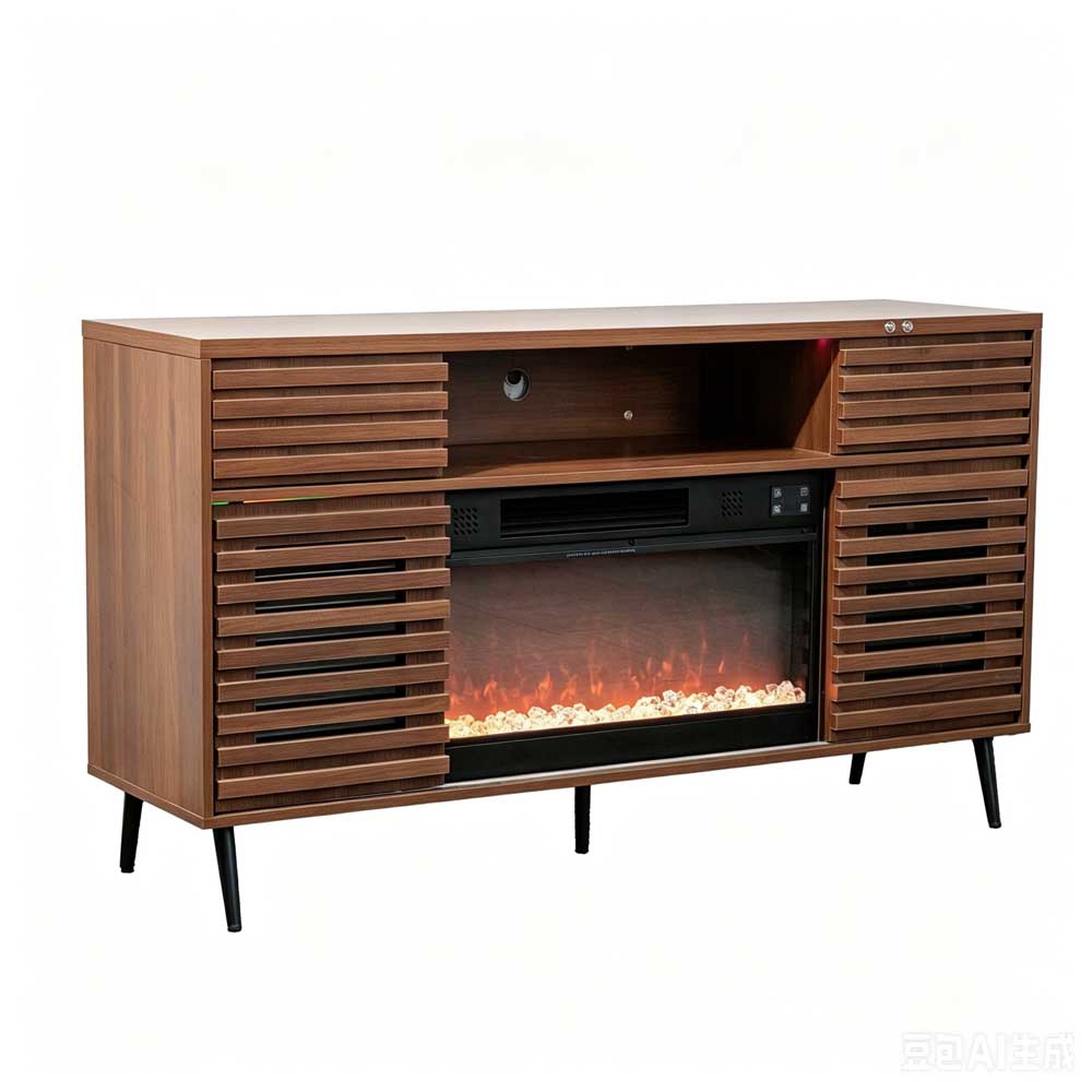 Wooden entertainment console with electric fireplace on a white background