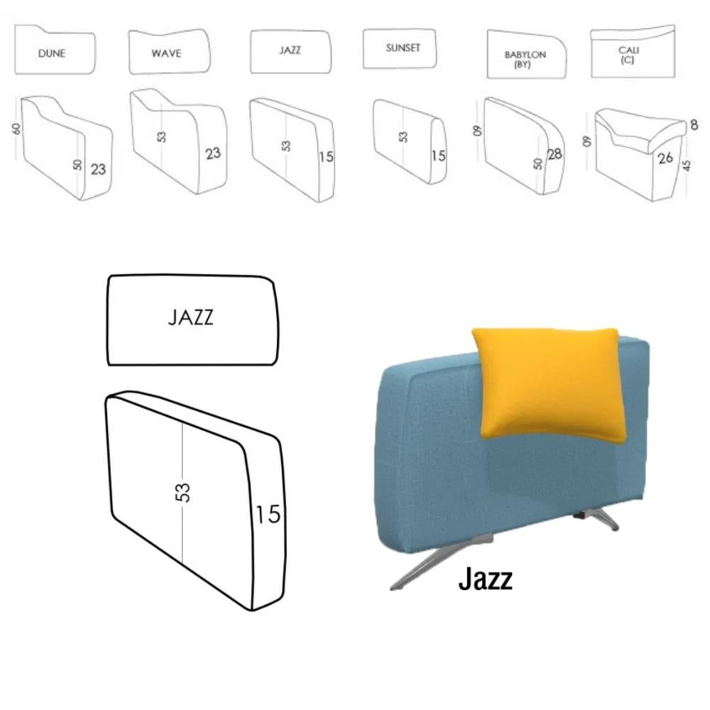 A product dimension diagram for a modern blue sofa with a yellow pillow, labeled 'Jazz', alongside black-and-white line drawings of other sofa models with measurements on a white background.