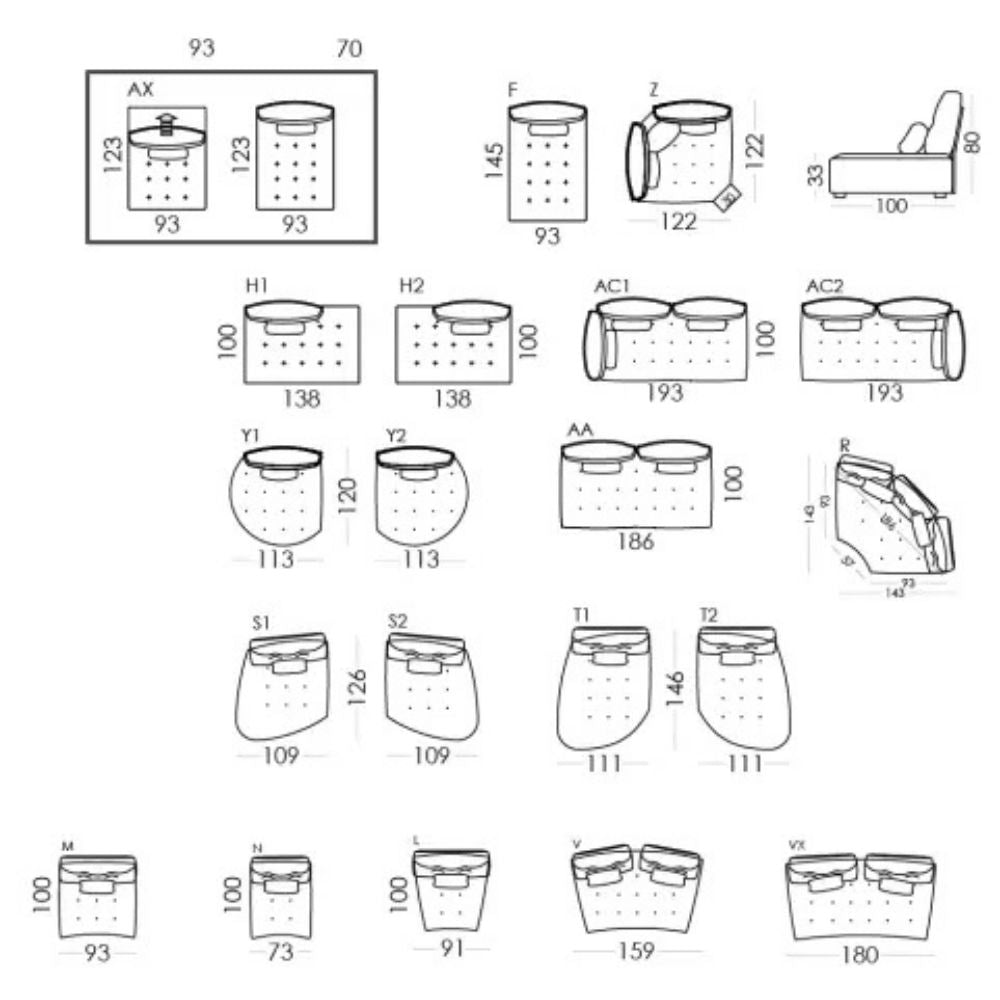 A black and white technical line drawing sheet showing multiple labeled product dimensions and measurements.