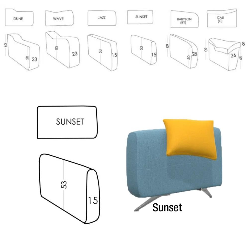 A product presentation of a modern modular sofa section labeled 'SUNSET', showing both 3D renders with dimensions and a real-life color swatch on a white background.
