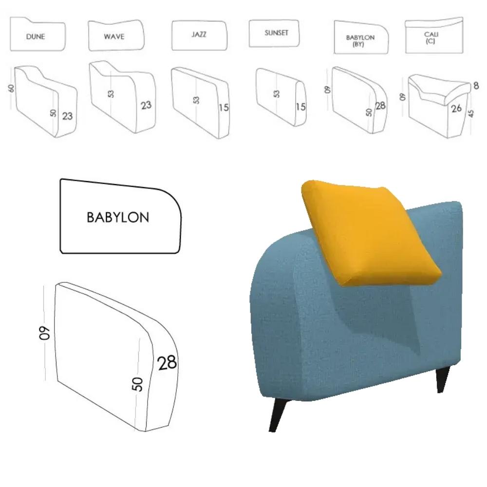 A product presentation of a blue upholstered accent chair with a mustard yellow pillow, shown alongside its technical line drawings and dimensions labeled 'BABYLON'.