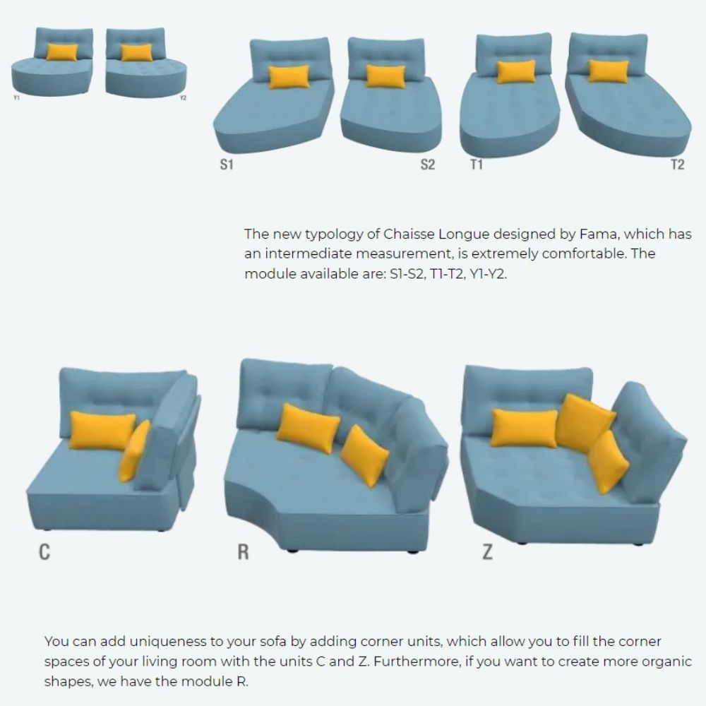 A product information graphic showing multiple modular blue lounge chairs with yellow pillows, with descriptive text on a light gray background.