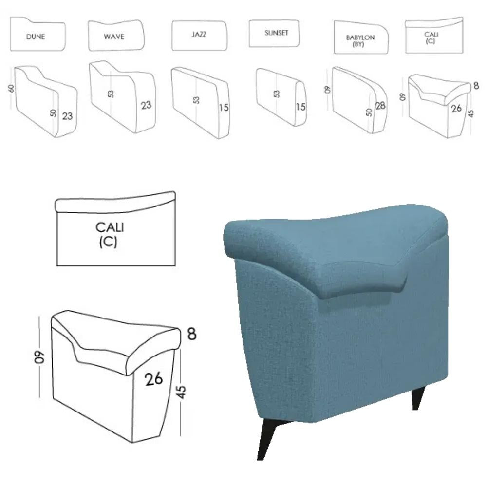 A product presentation showing a blue upholstered sofa arm module alongside its technical line drawings and dimension labels on a white background.