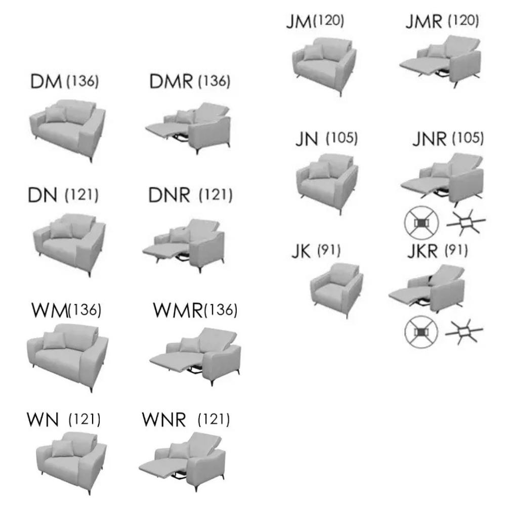 A product options chart showing multiple light gray upholstered seating pieces with model codes and seat/back position icons on a white background.