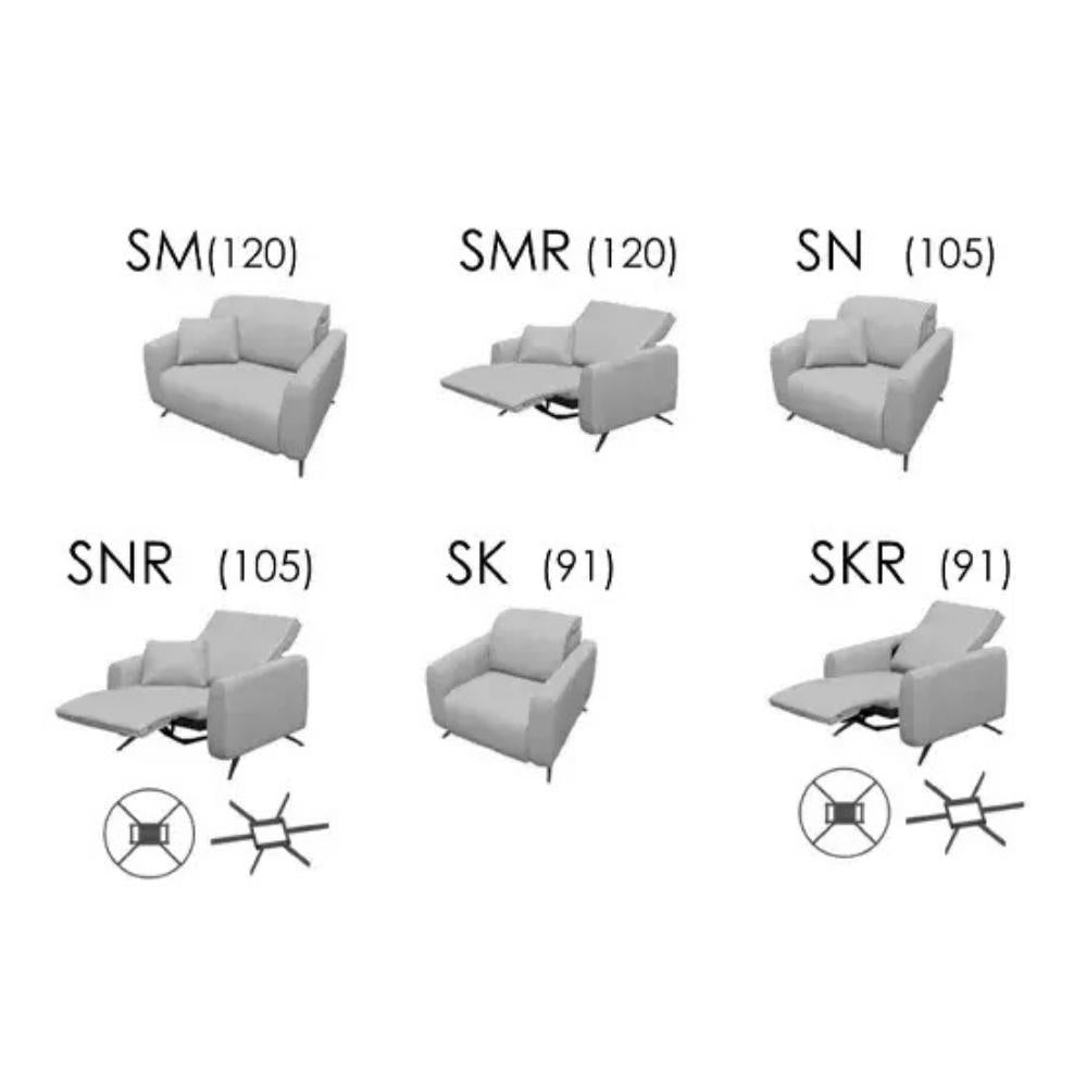 A product information diagram showing six light gray upholstered seating options labeled SM(120), SMR(120), SN(105), SNR(105), SK(91), and SKR(91), each with small black line drawings of seat/back configurations on a white background.