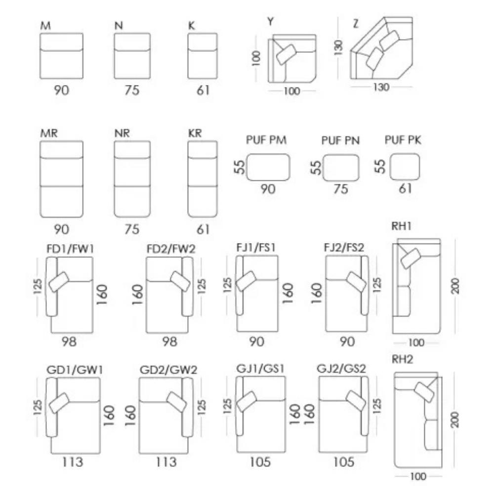 A black-and-white technical specification chart showing various rectangular and rounded cross-section profiles with labeled dimensions