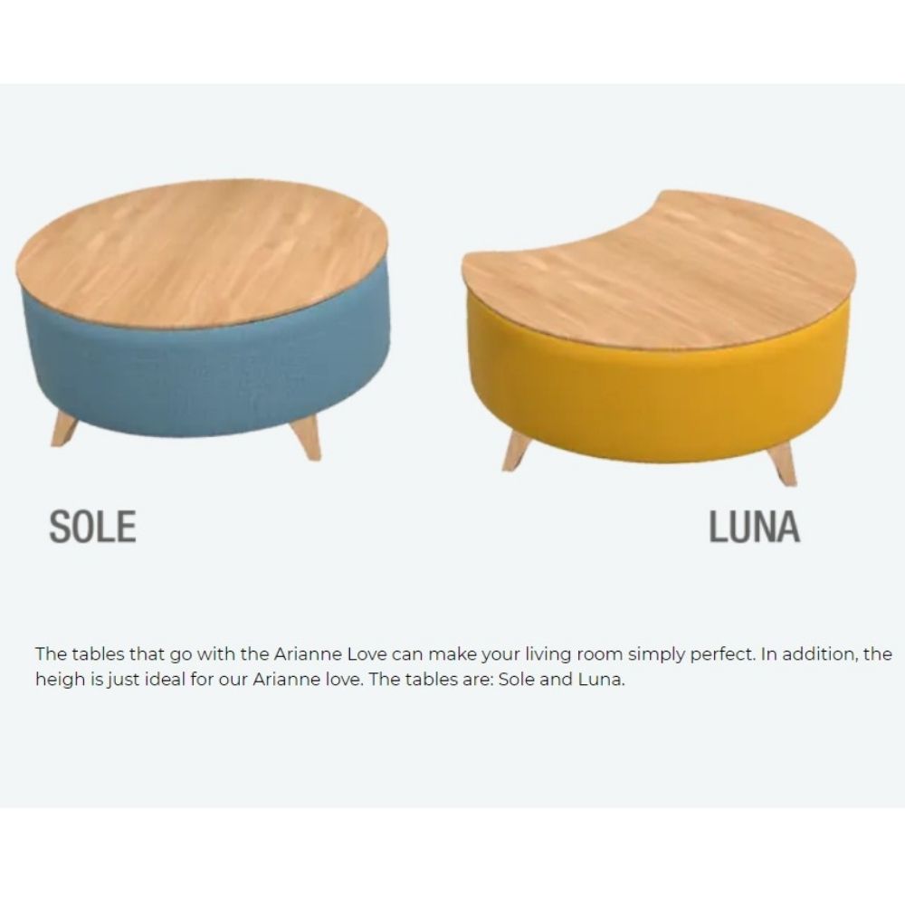 Two round coffee tables labeled SOLE and LUNA on a light gray background. The left table, SOLE, has a blue upholstered base and a light wood top.