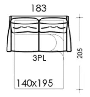 Technical drawing of a double sofa bed with dimensions labeled