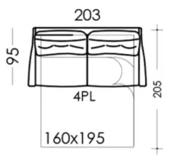 Technical drawing of a king size sofa bed with dimensions labeled